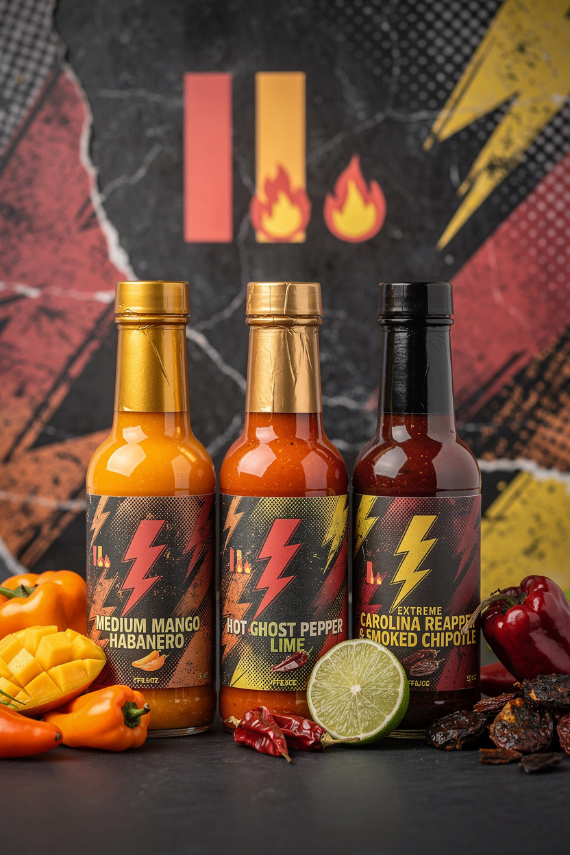 Riot Hot Sauce Co. three signature sauces: MAGMA, VOLTAGE, OVERLOAD in 5oz bottles