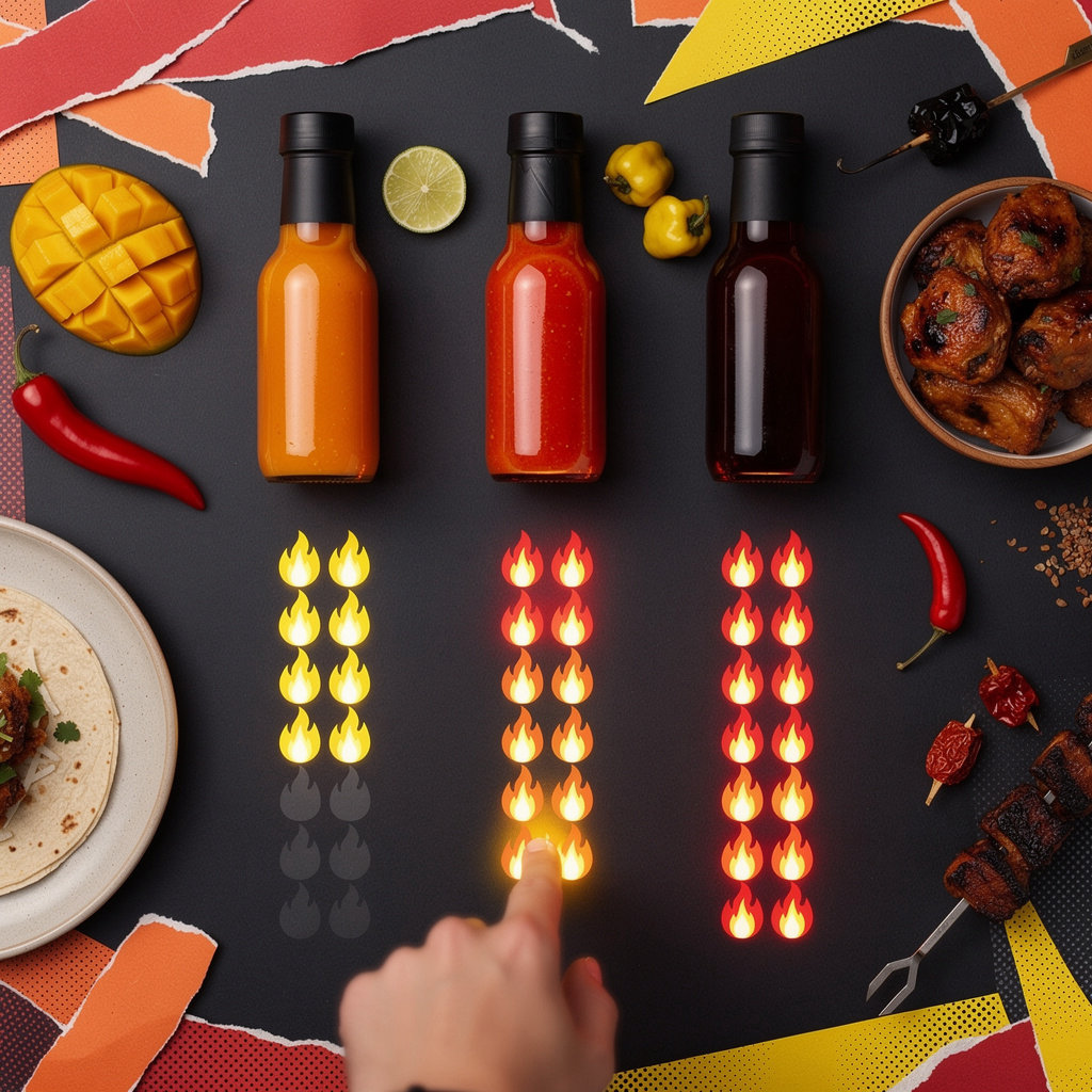 Riot Hot Sauce Co. heat level comparison featuring MAGMA, VOLTAGE, and OVERLOAD craft hot sauces
